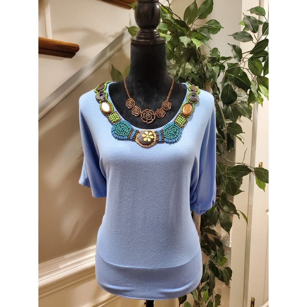 Strazzi Beaded Blue Solid Rayon Round Neck Short Sleeve Top Blouse Size Small